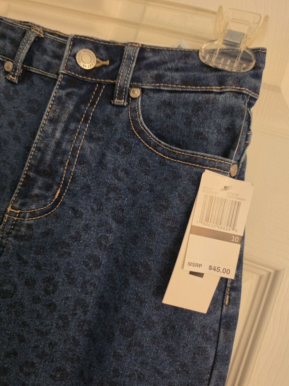 DKNY Girls Straight Leg Jeans Size 10 NWT Blue Cheetah Print Adjustable Waist